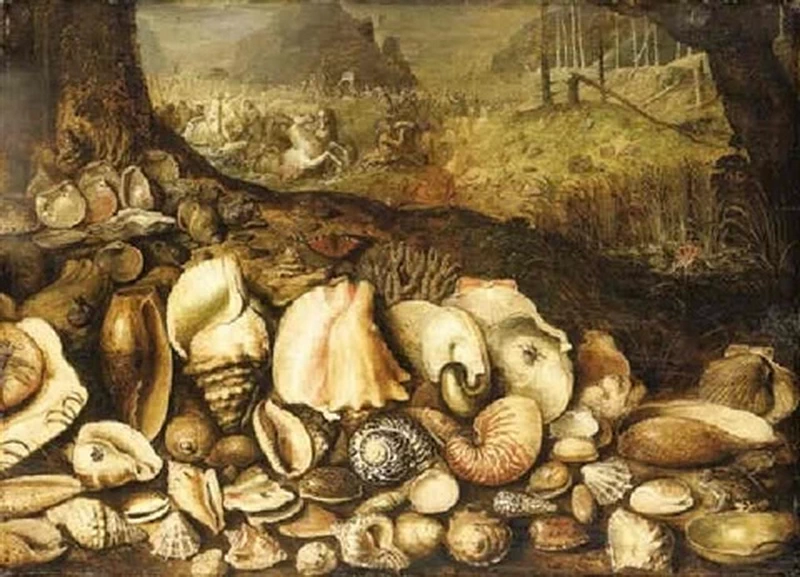 Natura morta con conchiglie in paesaggio